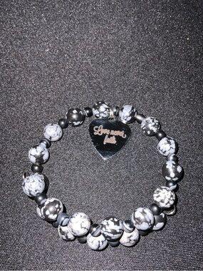 Snowflake Jasper Beaded Stretch Bracelet with Heart Charm - Black & White